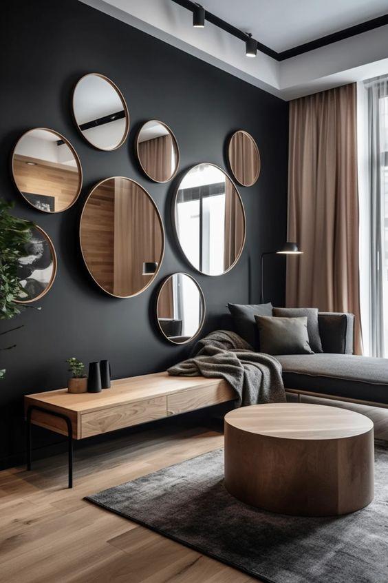 Salon moderne avec des miroirs ronds accrochés au mur