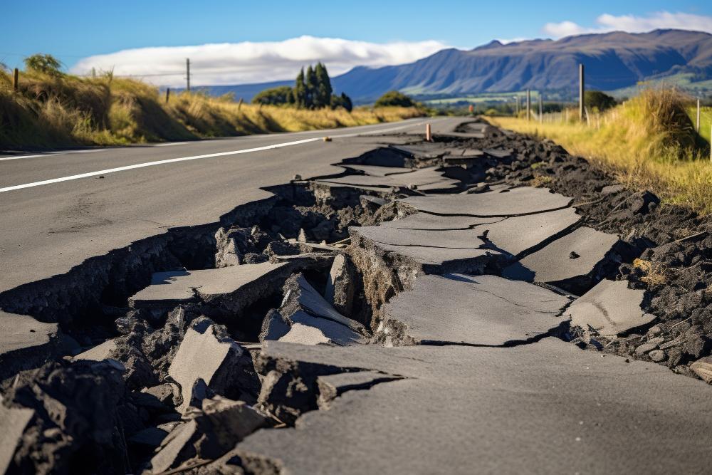 Route détruite par un tremblement de terre