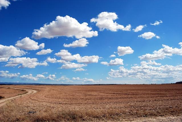 Terrain agricole asséché sous un ciel nuageux