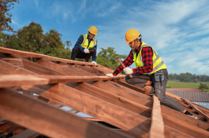 Deux ouvriers construisant la structure d'une maison