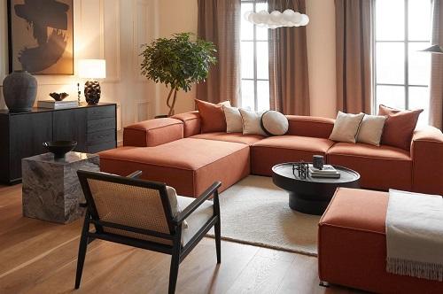 Salon beige et sofa terracotta pour 2024