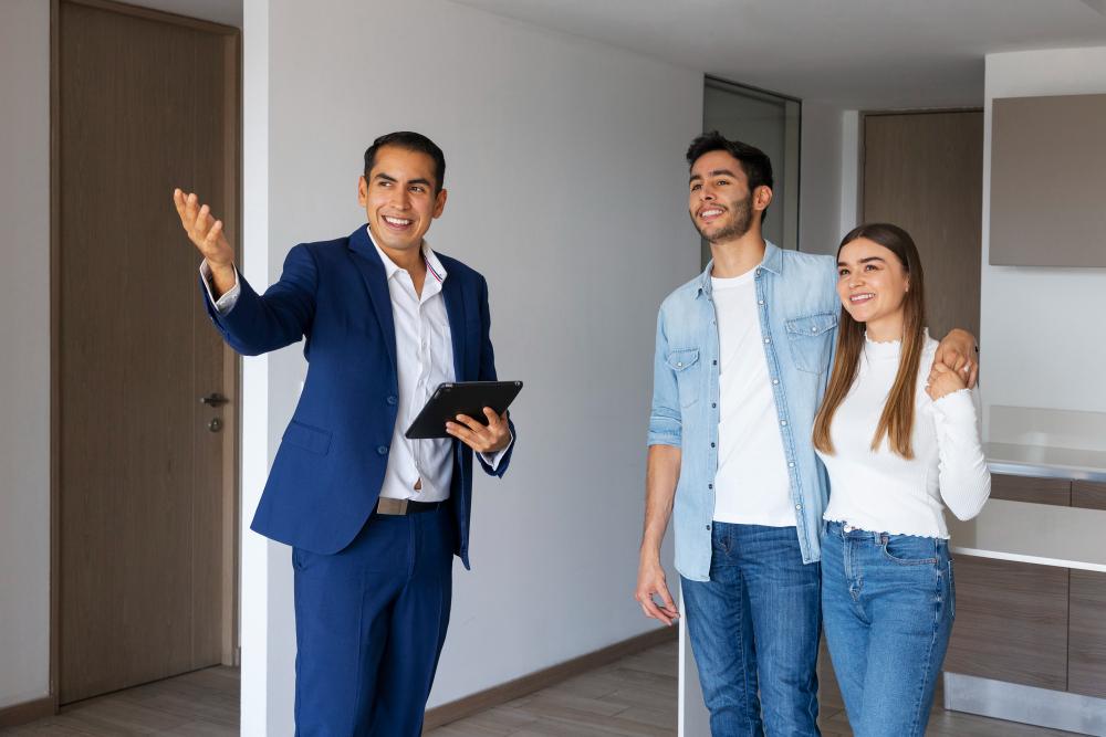 Couple de visiteurs accompagné par un courtier immobilier