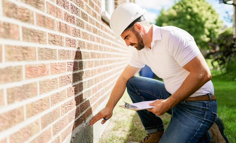 A building inspector looking at an outside wall