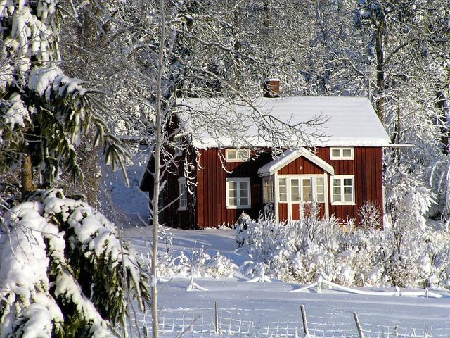 Un chalet dans une forêt sous la neige