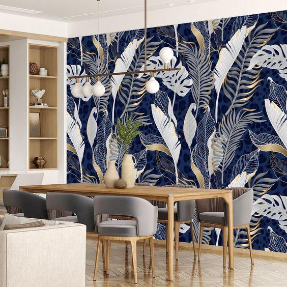 Papier peint feuille bleu et or