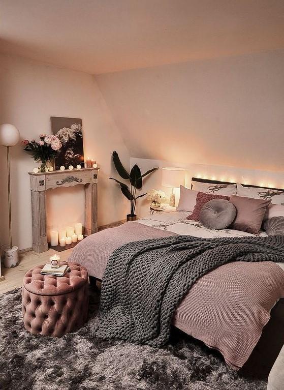 Chambre rose à l'ambiance feutrée et romantique