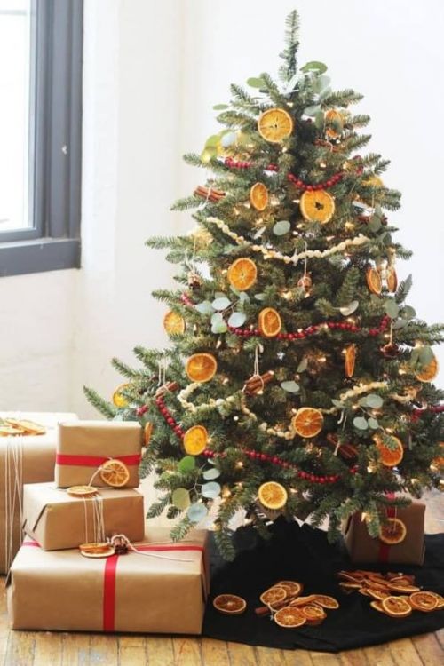 Christmas tree decorated with natural ornaments