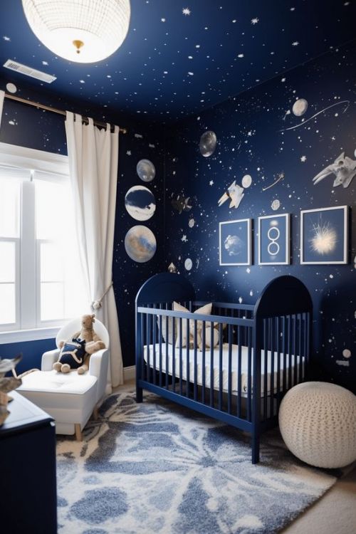 Chambre de bébé bleue foncée, avec planètes, étoiles et fusées